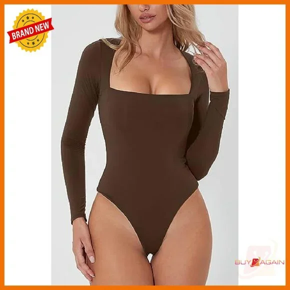 Long Sleeve Square Neck Bodysuit Double Lined Polyamide Shirt Top